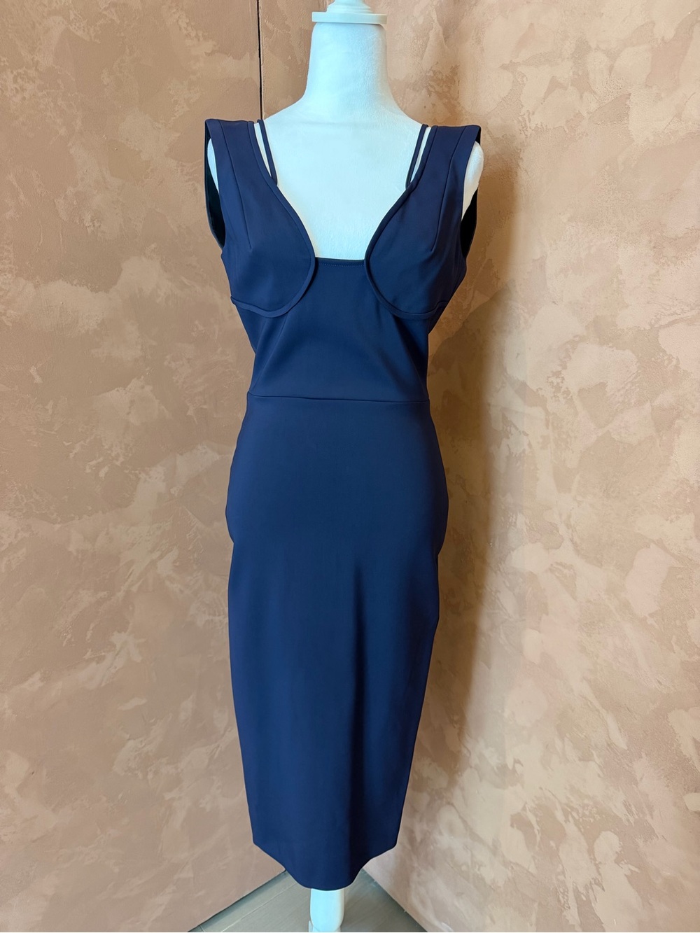 Victoria Beckham Navy Sculpted Bust Midi Dress.